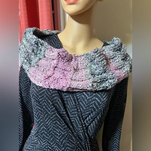 Hand knitted infinity scarf. Variegated colors gray, lavender. Soft yarn.